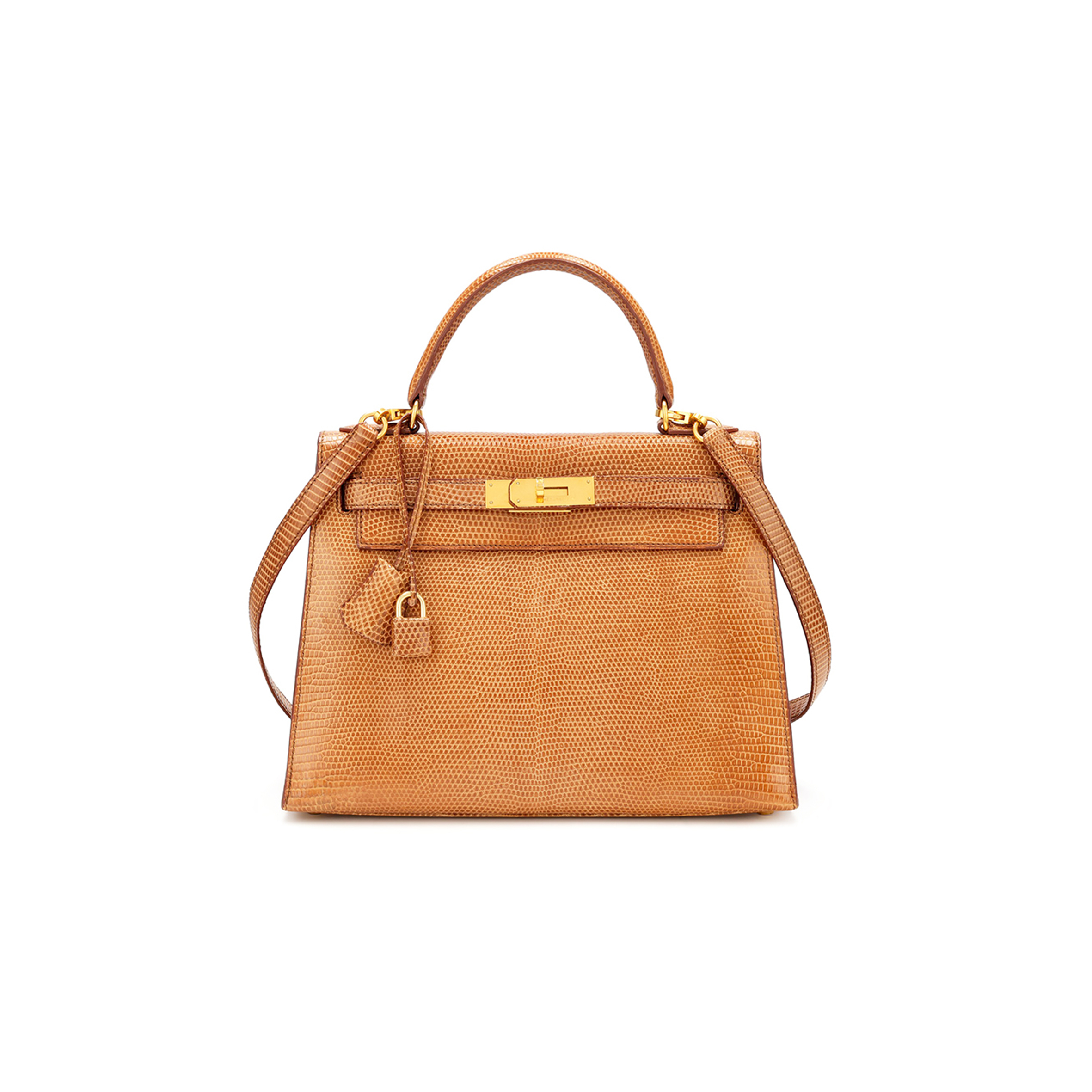 HERMÈS MASTER SHINY LIZARD SELLIER KELLY 28 TOFFEE GOLD BUCKLE (28*22*10cm)